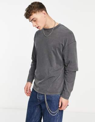 ADPT oversized washed double layer t-shirt in grey  - ASOS Price Checker