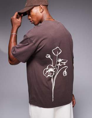 oversized washed flower back print t-shirt in brown