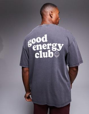 oversized washed good energy back print T-shirt in dark gray