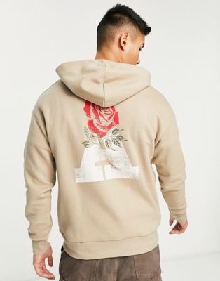 ADPT oversized washed hoodie with rose back print in beige  - ASOS Price Checker