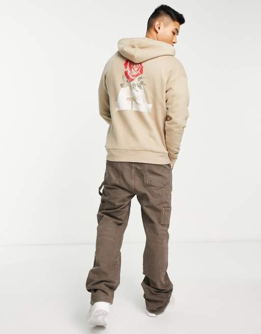 ADPT oversized washed hoodie with rose back print in beige ASOS