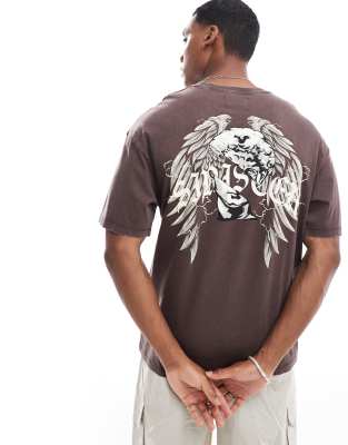 oversized washed sinister back print t-shirt in brown