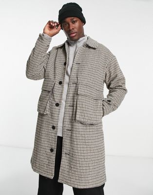 ADPT OVERSIZED WOOL MIX OVERCOAT WITH POCKETS IN BROWN CHECK-NEUTRAL