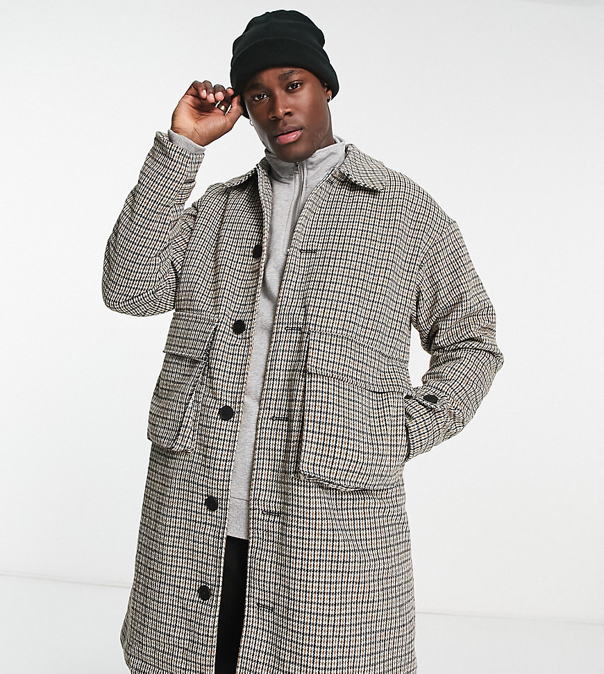 Adpt Oversized Wool Mix Overcoat With Pockets In Brown Check-neutral