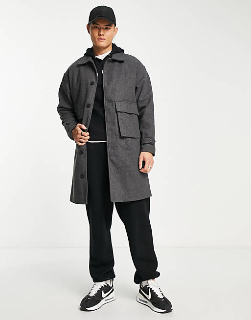ADPT oversized wool mix overcoat with pockets in dark grey