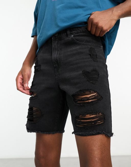 ADPT - Pantaloncini di jeans invecchiati neri a fondo ampio 
