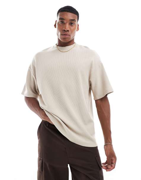 ADPT – Schweres geripptes Oversize-T-Shirt in Beige - view 1