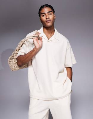ADPT ADPT split neck texture polo shirt in cream-White