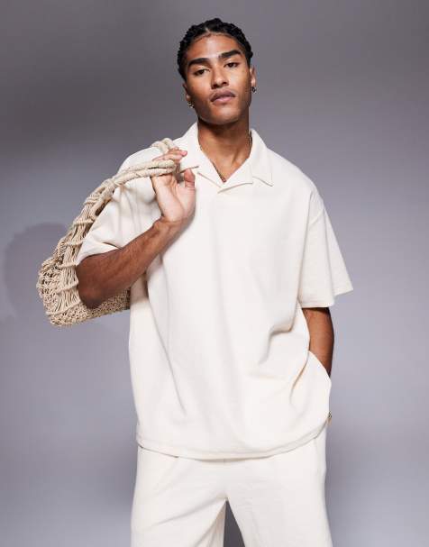 ADPT split neck texture polo shirt in cream - view 1