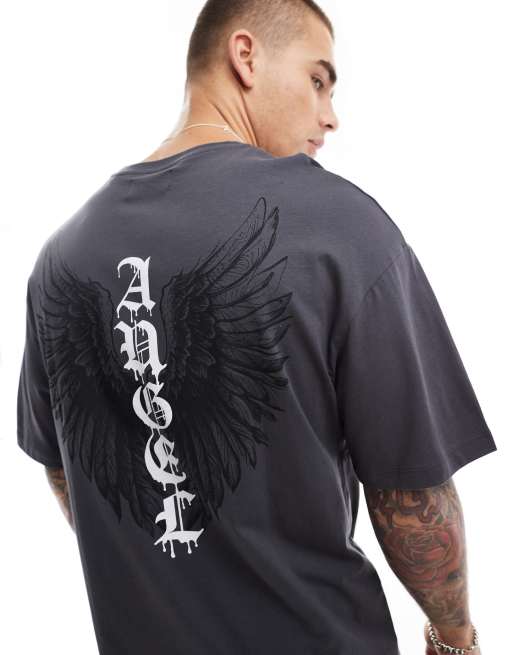 ADPT – Szary T-shirt oversize z nadrukiem anioła i napisem na plecach