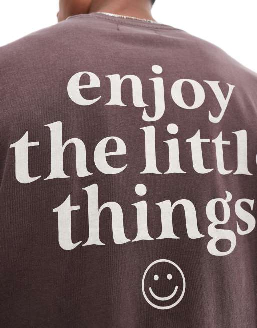 ADPT - T-shirt marrone slavato oversize con stampa "Little Things" sul retro, 3 di 4