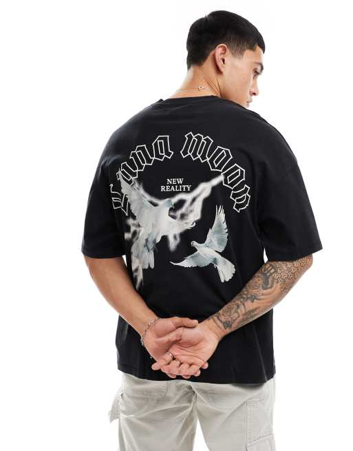 ADPT - T-shirt oversize à imprimé oiseaux au dos - Noir
