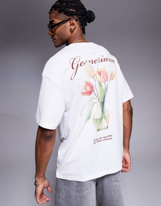 ADPT - T-shirt oversize color crema con stampa di fiori rosso scuro sul retro