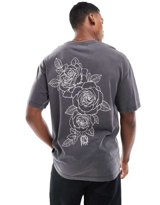 ADPT - T-shirt oversize color grigio scuro con stampa di rose sul retro 