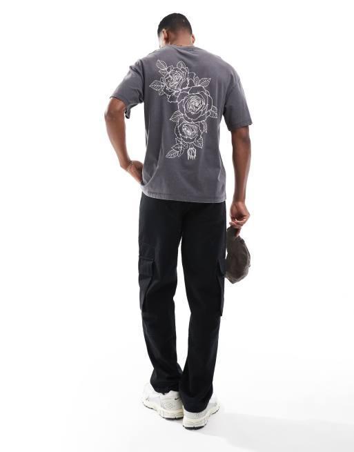 ADPT - T-shirt oversize color grigio scuro con stampa di rose sul retro , 4 di 4