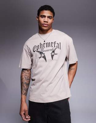 ADPT - T-shirt oversize color panna con stampa di uccelli sul petto