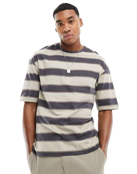 ADPT – T-shirt oversize w beżowe paski z efektem sprania - view 1