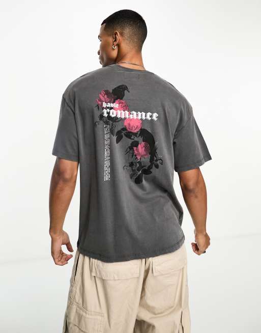 ADPT - T-shirt super oversize grigio slavato con stampa di rose sul retro