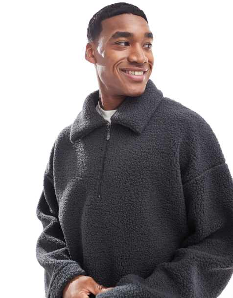 ADPT teddy fleece collared half zip in grey - view 1