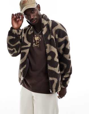 Adpt Teddy Zip Up Jacket In Cream Brown Pattern-white
