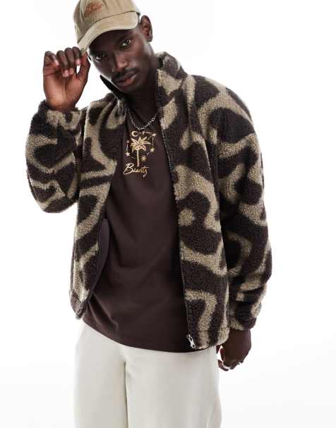 ADPT teddy zip up jacket in cream brown pattern - view 1