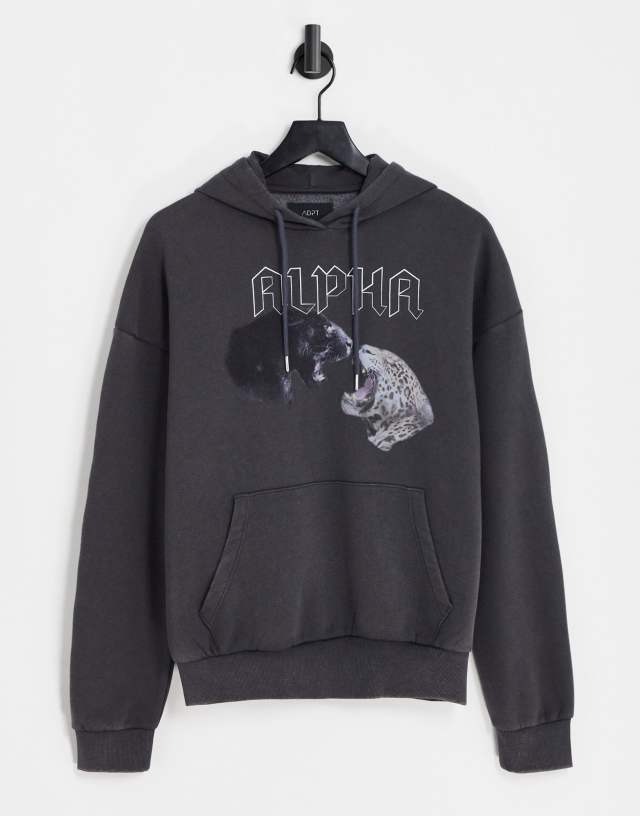 ADPT washed oversized hoodie with front cat print in dark gray