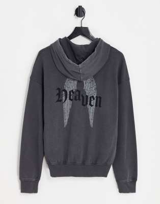 ADPT washed oversized hoodie with wings back print in dark gray-Black