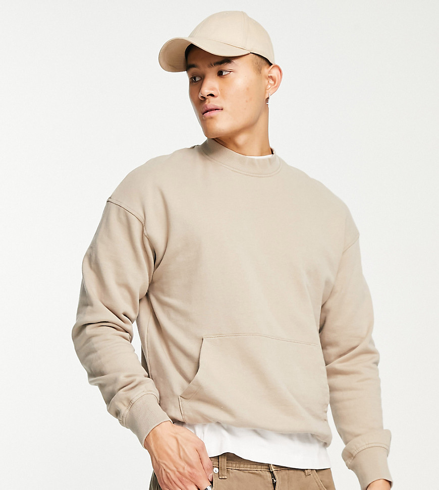 Adpt Washed Oversized Mock Neck Sweatshirt With Front Pocket In Beige-neutral