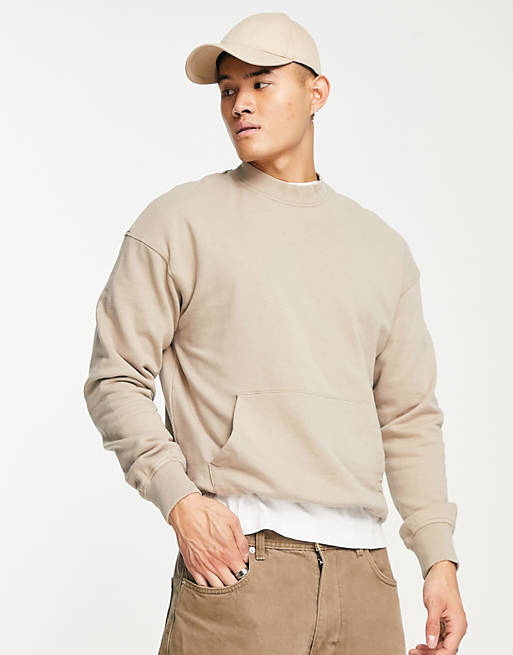 ADPT washed oversized mock neck sweatshirt with front pocket in beige