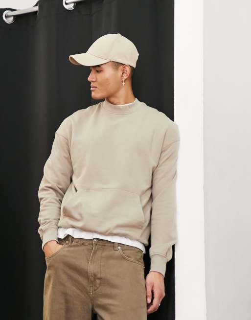 ADPT washed oversized mock neck sweatshirt with front pocket in beige