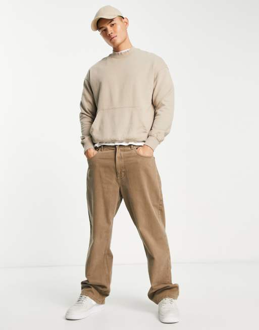 ADPT washed oversized mock neck sweatshirt with front pocket in beige ASOS