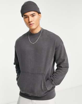 ADPT washed oversized mock neck sweatshirt with front pocket in beige-Neutral