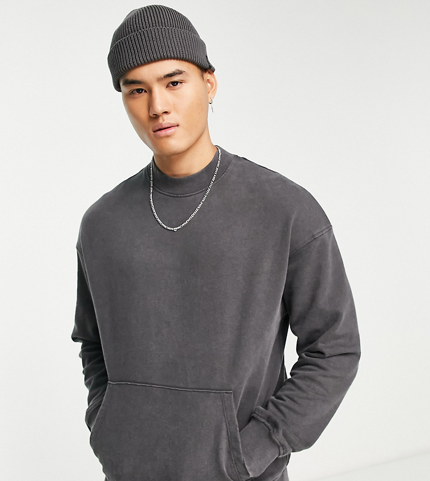 Adpt Washed Oversized Mock Neck Sweatshirt With Front Pocket In Dark Gray