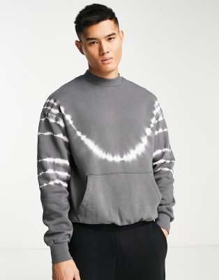 ADPT washed oversized mock neck sweatshirt with tiedye in dark gray