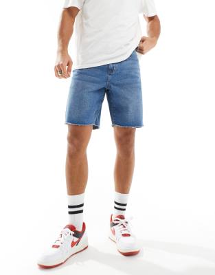 Adpt Wide Fit Cut Off Denim Shorts In Mid Wash-blue