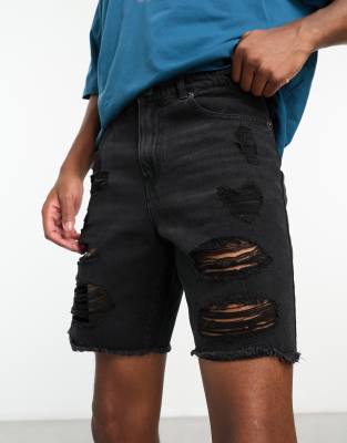 Adpt Wide Fit Distressed Denim Shorts In Black