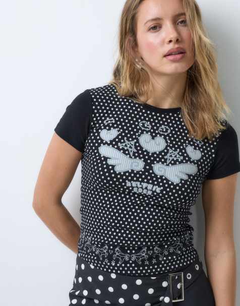 Aelfric Eden baby tee with print and ruffle detail in black polka dot - view 1