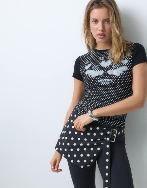 Aelfric Eden baby tee with print and ruffle detail in black polka dot, 4 of 5