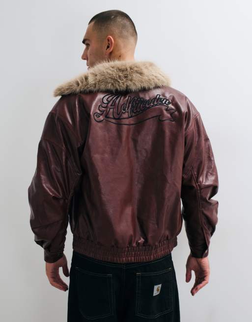 Aelfric Eden faux fur collar faux leather bomber jacket in red, 2 of 8