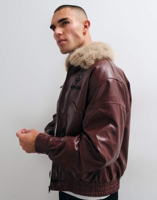 Aelfric Eden faux fur collar faux leather bomber jacket in red, 4 of 8