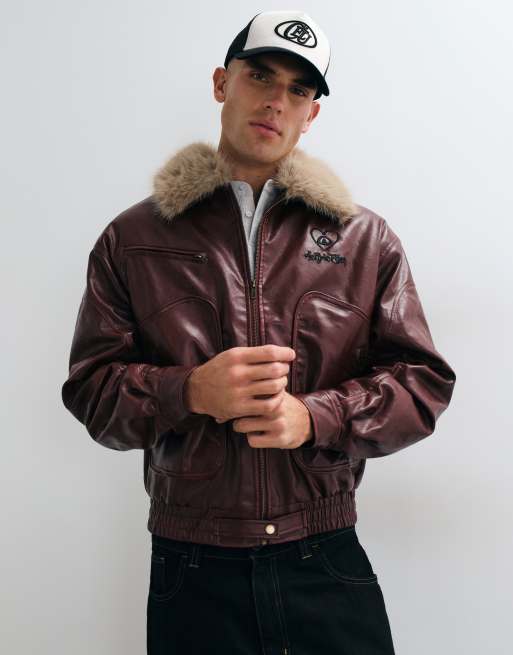 Aelfric Eden faux fur collar faux leather bomber jacket in red, 5 of 8