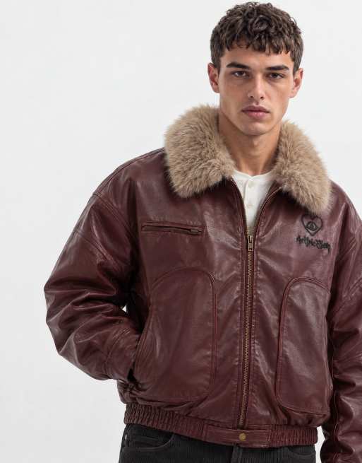 Aelfric Eden faux fur collar faux leather bomber jacket in red, 6 of 8