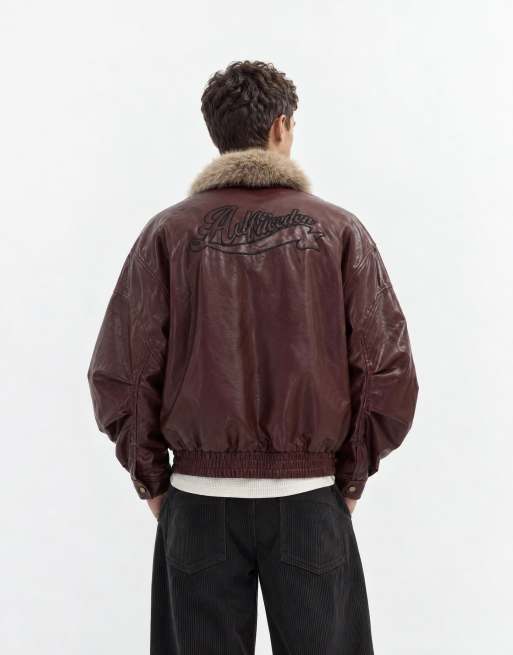 Aelfric Eden faux fur collar faux leather bomber jacket in red, 8 of 8