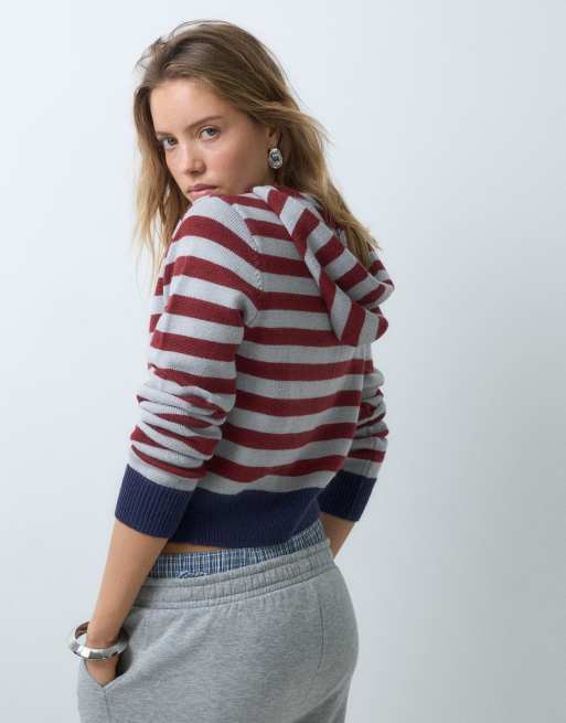 Aelfric Eden zip up stripe knit hoodie in red and gray, 3 of 5