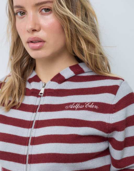 Aelfric Eden zip up stripe knit hoodie in red and gray, 4 of 5