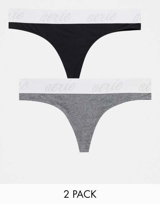 Aerie logo thong 2 pack in black and grey