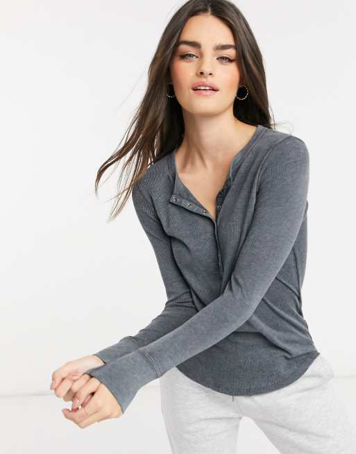 Aerie long sleeve henley t-shirt in grey | ASOS