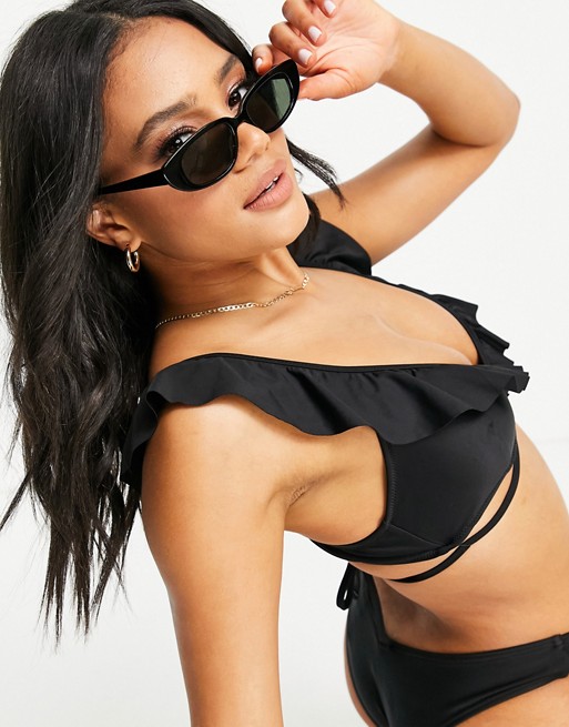 Aerie nylon ruffle strappy bikini top co-ord in black - BLACK