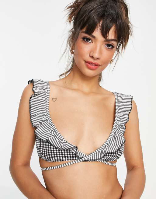 Aerie scoop wrap ruffle bikini top co-ord in black gingham