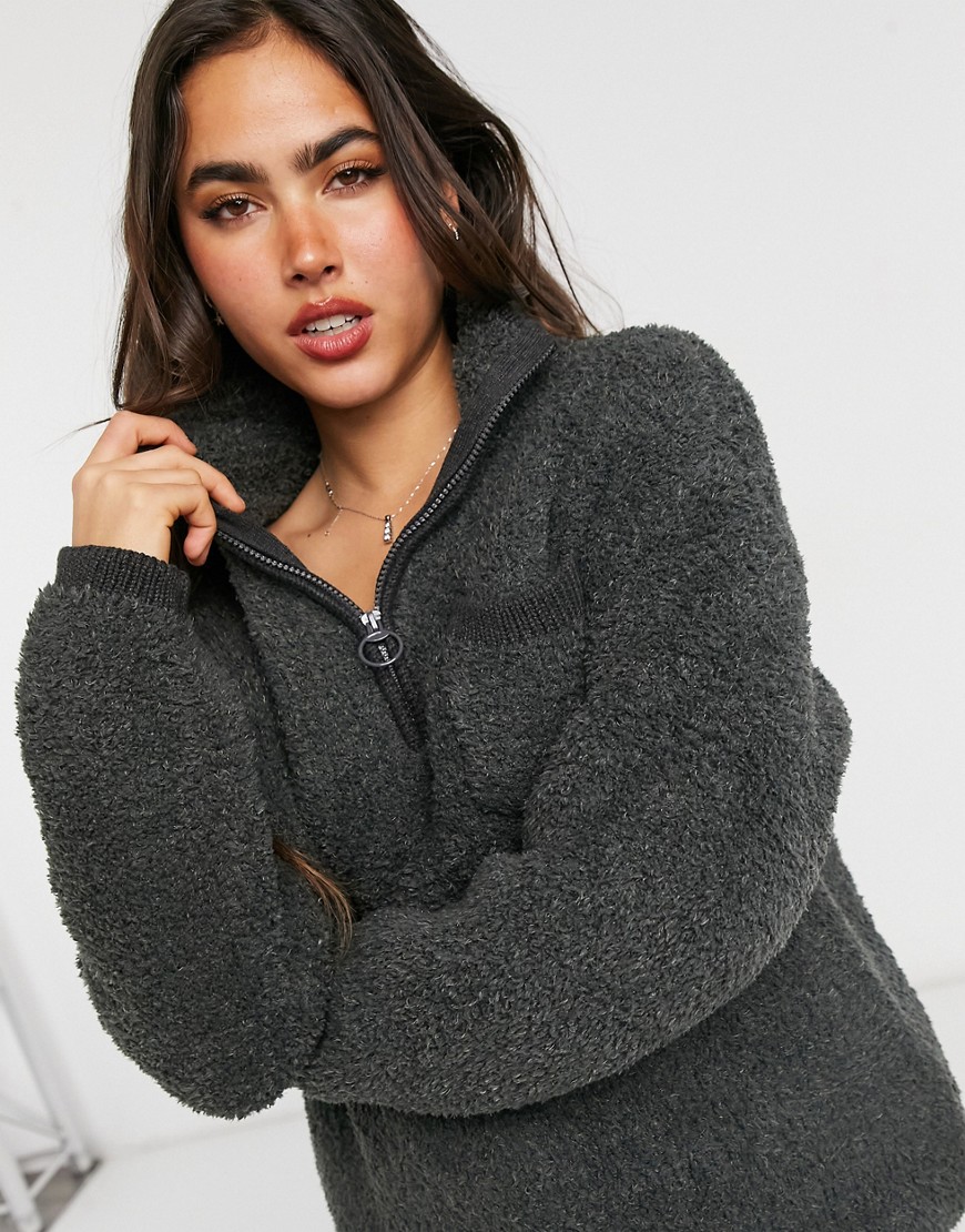 Aerie - Sweater van borg met halve rits in donkergrijs